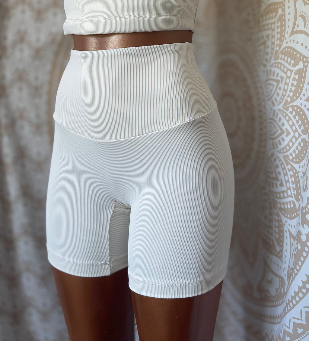 Cream Ribbed High Waisted Shorts